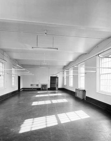 'E block', second floor, large dormitory room, view from north, Claybury Hospital, London. 