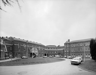 Exterior ballroom and F block from north west, St Bernard's Hospital, Uxbridge Road, Southall, (Hanwell Asylum). 