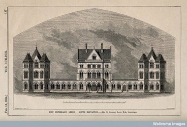 New Infirmary, Leeds, Yorkshire: panoramic view. George Gilbert Scott was the architect. Wood engraving by I.S. Heaviside, 1864, after J. D. Wyatt after G.G. Scott.