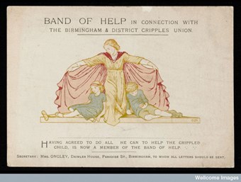 'Band of Help' members certificate. The Birmingham and District Cripples Union. Picture of a lady spreading her cape wide to embrace two 'crippled' children.