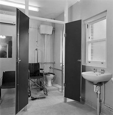 An early toilet designed for disabled access, St Thomas Youth Centre in Lambeth, 1981.