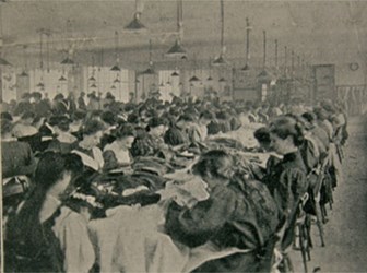 Women making opera-cloaks, mantles and motor-coats at Peter Robinson’s modern 1908 workshops in Little Portland Street, London.