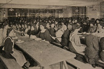 Responding to trade union activity and legislation, Peter Robinson opened new workrooms in Little Portland Street, London in 1908 to accommodate its seamstresses with its own dining hall serving free meals. © & source TUCLIB