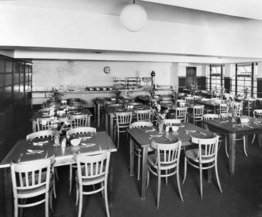 By 1938, union pressure and government legislation produced good facilities for shop workers such as this separate staff dining room for women who worked in the public cafe at the new Art Deco Woolworths overlooking the Promenade at Blackpool.