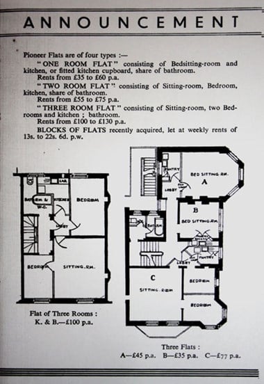 Ground plans of the different flats available, drawn up by architect, Gertrude Leverkus. © Women’s Pioneer Housing. Source The Women’s Library