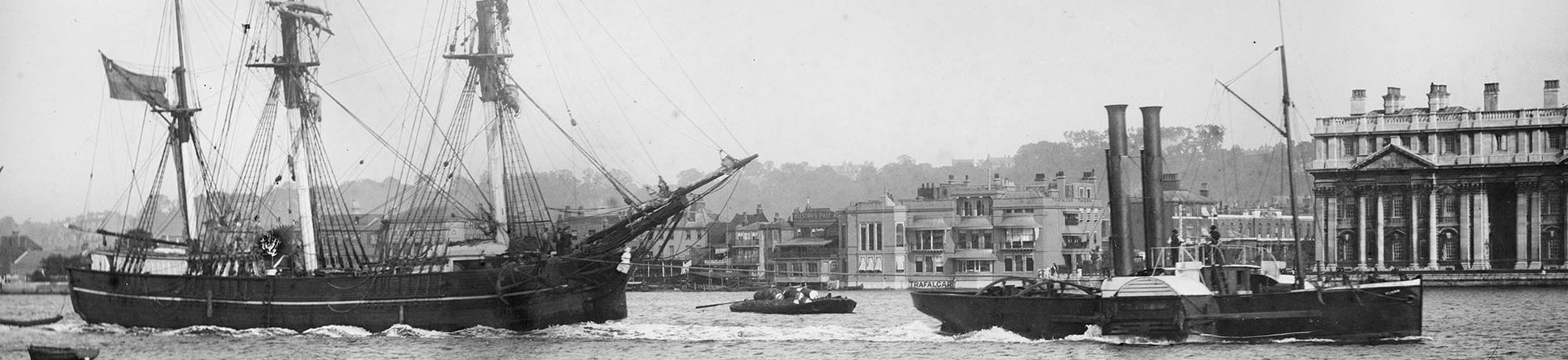 Sailing vessel and paddle steamer on the River Thames at Greenwich