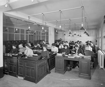 Enquiry Department at the International Correspondence School, London 1909 © Historic England. Images are from the National Monuments Record, and published in WORK (£9.99) from English Heritage's The Way We Were series