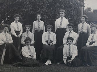 Cricket team of Newnham College Cambridge, 1908 with suffragist, Ray Strachey, centre.