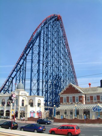 The Big One, a thrilling, mile-long ride, has a 235ft-high lift hill that propels the cars around at over 70mph