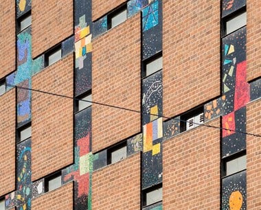 Locarno dancehall (now City Library), Lower Precinct/Smithford Way. Detail of the façade showing the glass mosaic decoration