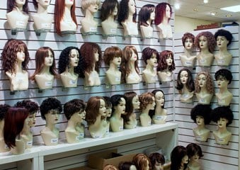 Wigs on display