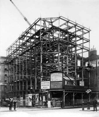 The steel skeleton of Spicer Brother's office and warehouse, (Blackfriars House), New Bridge Street