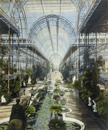 Hand-coloured view of the vast nave of the Crystal Palace