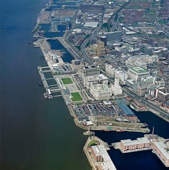 Aerial view of Albert Dock and Pier Head, Liverpool