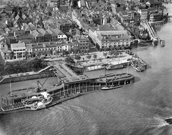 Aerial view of paddle steamer moored at Victoria Pier, Hull
