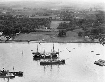 Aerial view of Cutty Sark and HMS Worcester