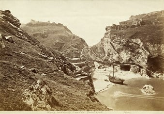 A 19th century view of a ship beached at Tintagel Haven