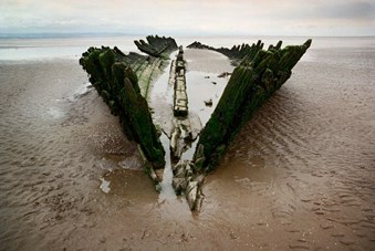A view down the keel and ribs of the Norwegian barque Nornen, wrecked in 1897 on Berrow Beach, Somerset