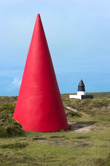 Red-painted landmark at Porthgwara, Gwennap Head, St Levan, Cornwall
