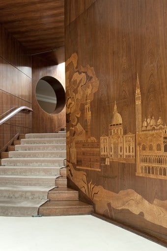 Detailed marquetry panoramas in the entrance hall, Eltham Palace