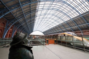 St. Pancras: the trainshed reborn. Martin Jennings’s inspired statue of Sir John Betjeman looks on