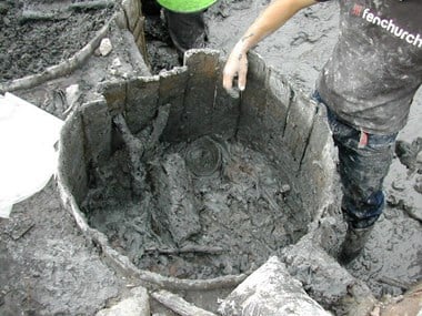 A Medieval barrel at Nantwich containing a multitude of organic artefacts (© Earthworks Archaeology)