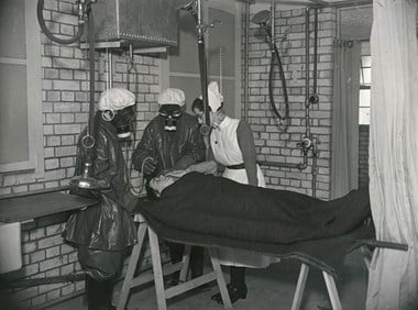 Nurses practising gas decontamination in the special gas centre