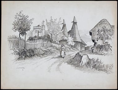 Line-drawn archive illustration showing a woman walking along a country lane