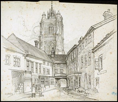 Line-drawn archive illustration showing an urban street leading towards a carriage arch, with a tower beyond.
