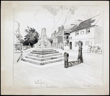 Line-drawn archive illustration showing a market cross, with stocks and a whipping post. A tandem bicycle leaning against a wall.