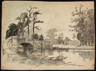 Line-drawn archive illustration showing an ornate rural river bridge with buildings and a church tower beyond.