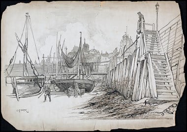 Line-drawn archive illustration showing fishing boats in a harbour
