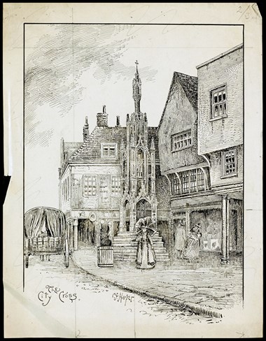 Line-drawn archive illustration showing a woman holding a parasol standing by the steps of a market cross
