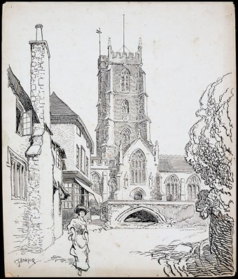 Line-drawn archive illustration showing houses and a church with a churchyard wall, and a woman in the foreground.
