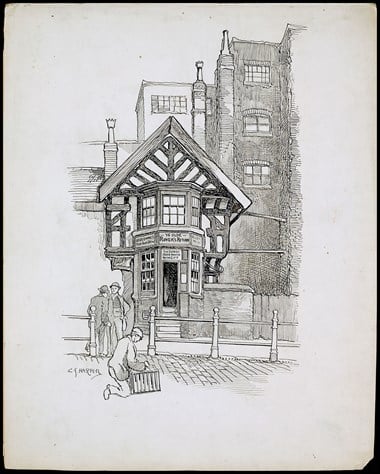 Line-drawn archive illustration showing a small timber-framed public house surrounded by larger buildings with people in the foreground.