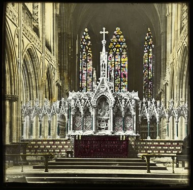 Archive photo showing a stone altar screen inside a cathedral.