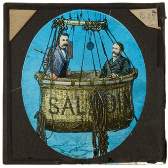 A hand-coloured slide of an engraving showing MP Walter Powell and Captain Templer in the basket of the 'Saladin' balloon