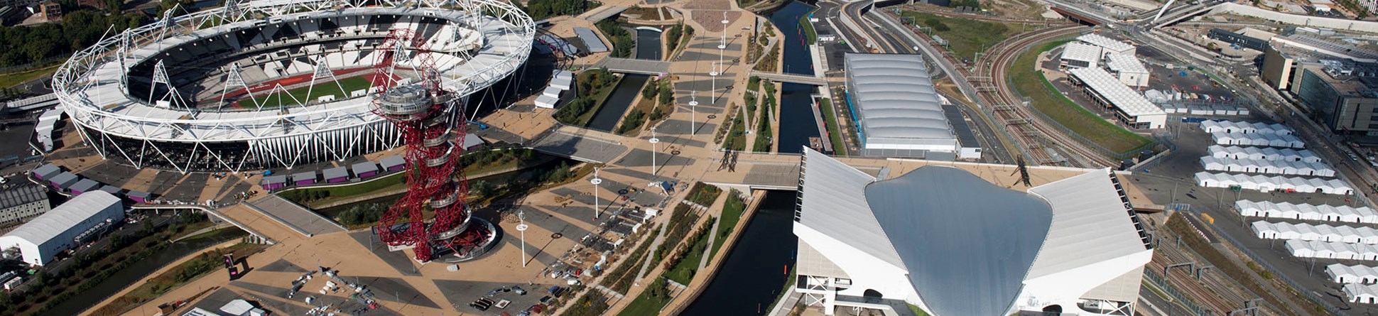 Aerial view of Queen Elizabeth Olympic Park, Stratford in East London