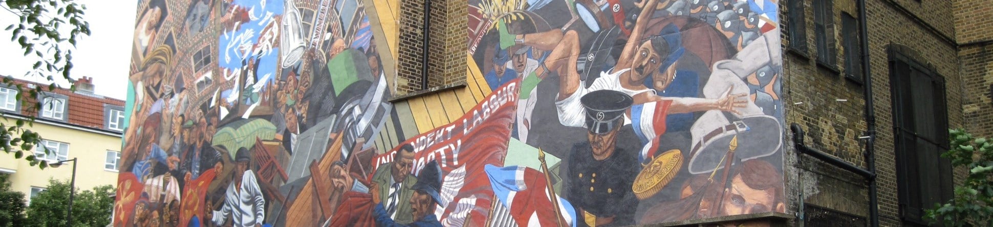 Mural on the side of a building commemorating the Battle of Cable Street