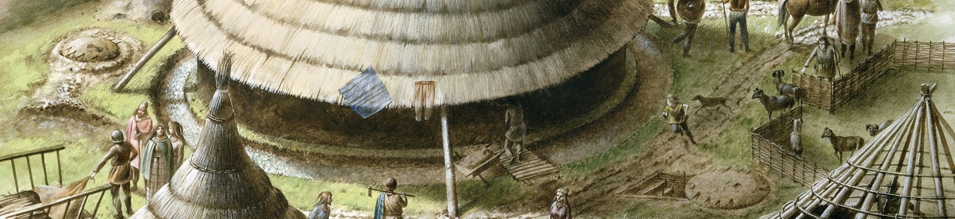Colour illustration of Iron Age round houses