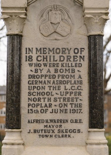 The inscription on the war memorial to the 18 children of Upper North Street School who died in the first daylight German air raid of the First World War in 1917
