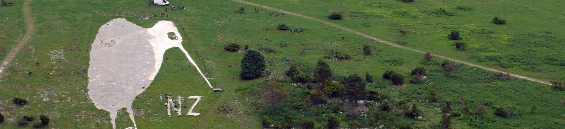Aerial view of the Bulford Kiwi which is carved into the hillside above Bulford Camp in Wiltshire.
