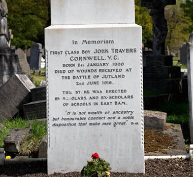 The inscription on Jack Cornwell's grave, now Grade II listed © Historic England