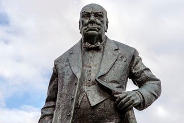 Winston Churchill Statue by David McFall, 1958-9, Junction of Woodford Green High Road and Broomhill Walk, Woodford, London. Listed Grade II © Historic England