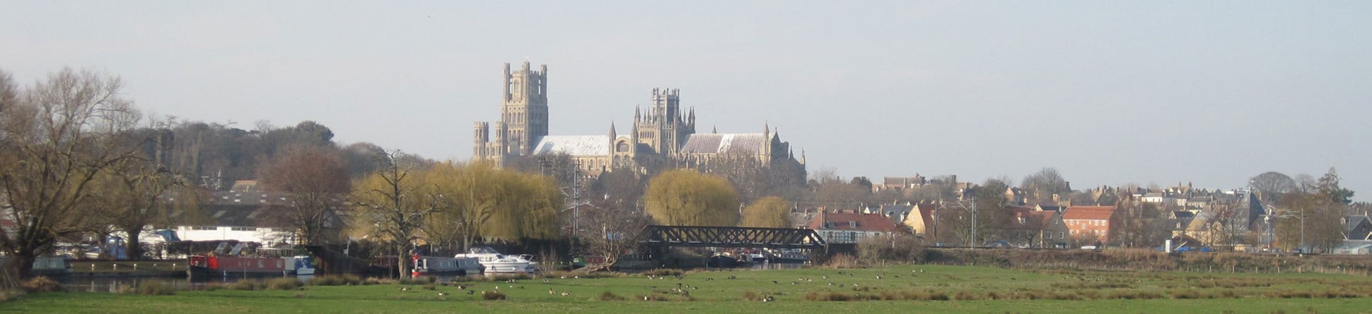 Ely Cathedral and surrounding town photographed across fields