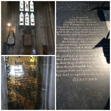 Collage image of the memorials to Jane Austen which can be found in Winchester Cathedral