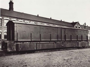 First World War armoured train carriage. Constructed at Swindon Railway Works, such carriages would have formed part of a specialist train that carried troops patrolling the east coast to repel any enemy invasion. © Swindon Railway Museum
