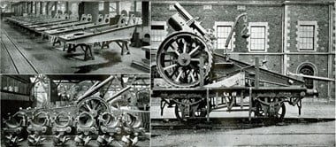 Great Western Railway Works, Swindon, Wiltshire. Many railway engineering works were turned to war production. One of the many products manufactured at Swindon were carriages for 8-inch Howitzer guns. (Swindon Railway Museum)
