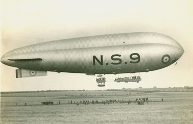 North Sea 9 airship. The NS9 was built in 1917 at Kingsnorth Airship Station, Medway. It patrolled the North Sea protecting convoys and hunting for U-boats. Private Collection