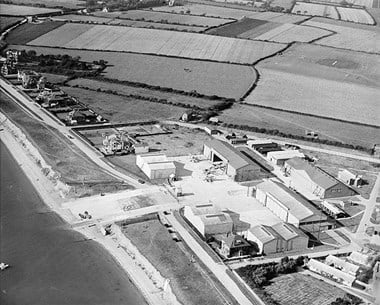 Seaplane station, Lee-on-Solent, Hampshire. HMS Daedalus in 1928. Today it is the best preserved seaplane base in Britain with five original hangars grouped around a concrete slipway. The four large buildings surrounding the open space, with the exception of the one with the planes outside, are G-type hangars that housed seaplanes that patrolled the channel. The three smaller J-Type hangars and their associated winch houses are listed.